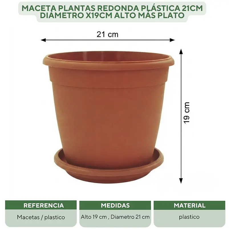 Maceta Plantas Redonda Plástica 21cm Diámetro x19cm Alto Más plato 15
