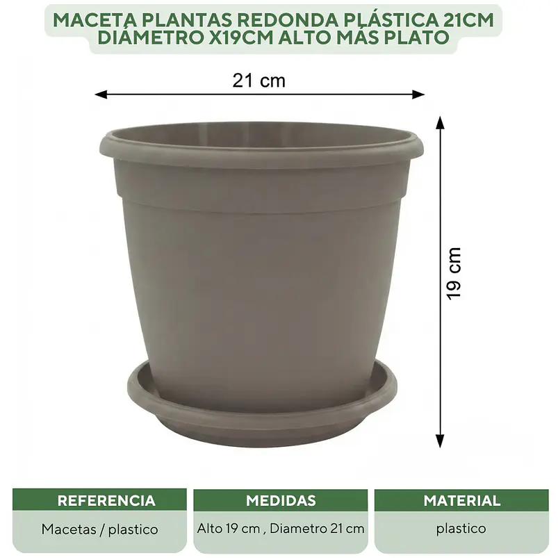 Maceta Plantas Redonda Plástica 21cm Diámetro x19cm Alto Más plato 16