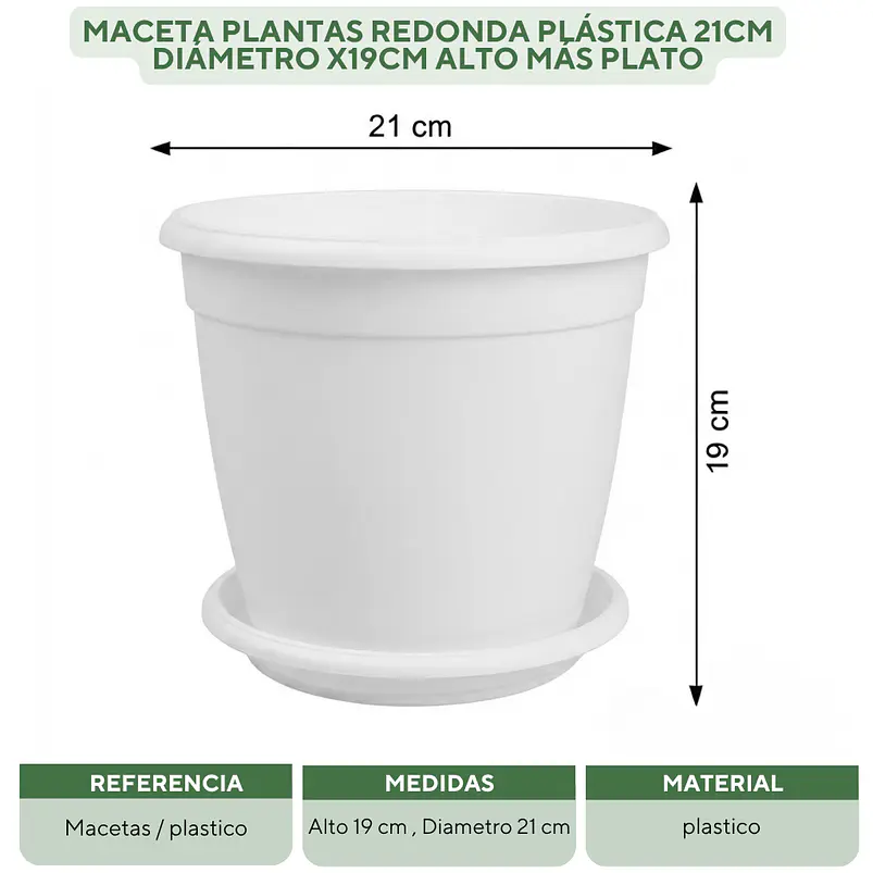 Maceta Plantas Redonda Plástica 21cm Diámetro x19cm Alto Más plato 17