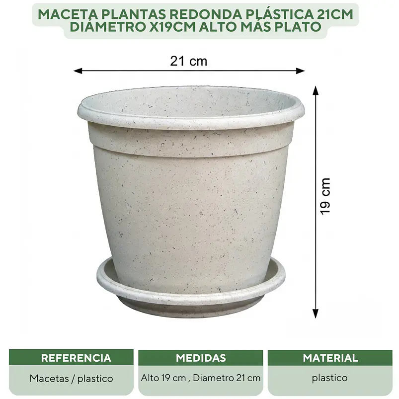Maceta Plantas Redonda Plástica 21cm Diámetro x19cm Alto Más plato 18