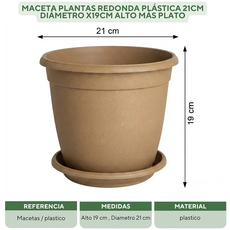 Maceta Plantas Redonda Plástica 21cm Diámetro x19cm Alto Más plato 19