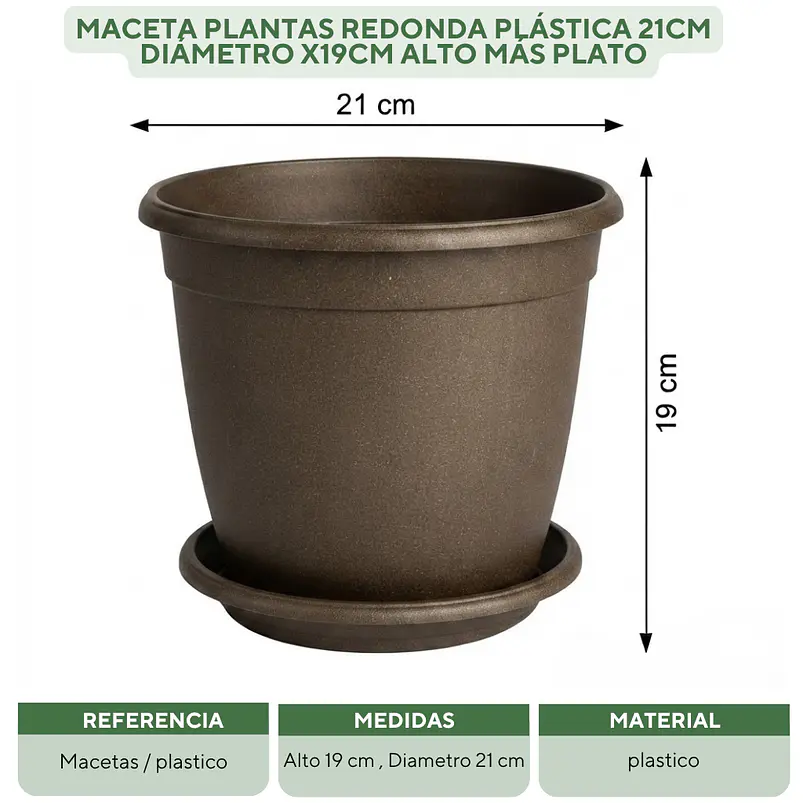 Maceta Plantas Redonda Plástica 21cm Diámetro x19cm Alto Más plato 20
