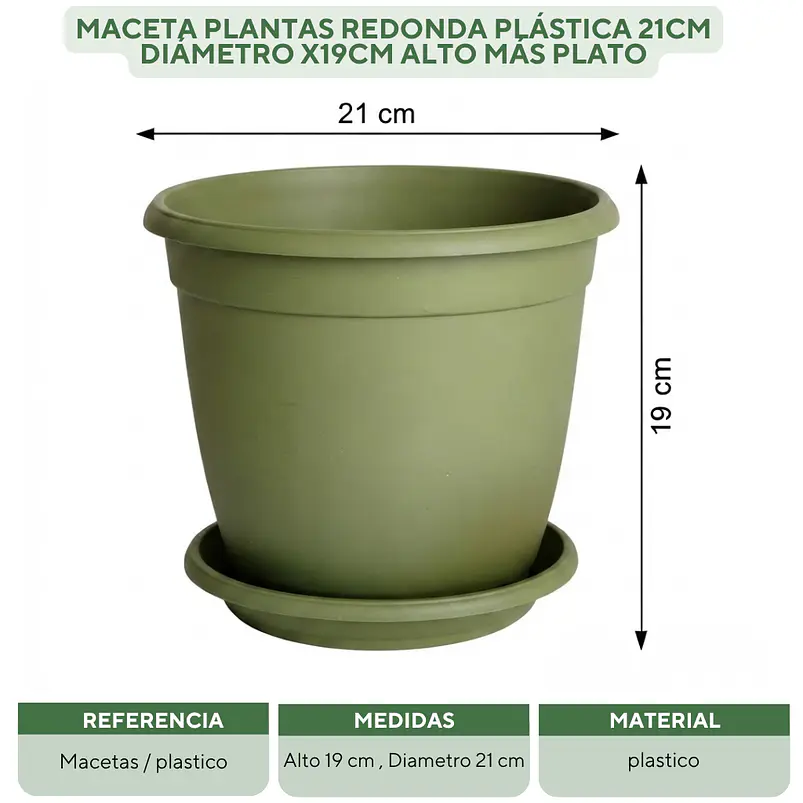 Maceta Plantas Redonda Plástica 21cm Diámetro x19cm Alto Más plato 22