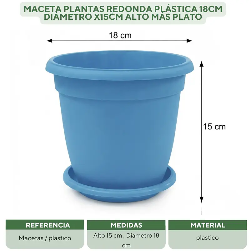 Maceta Plantas Redonda Plástica 18cm Diámetro x15cm Alto Más Plato 10