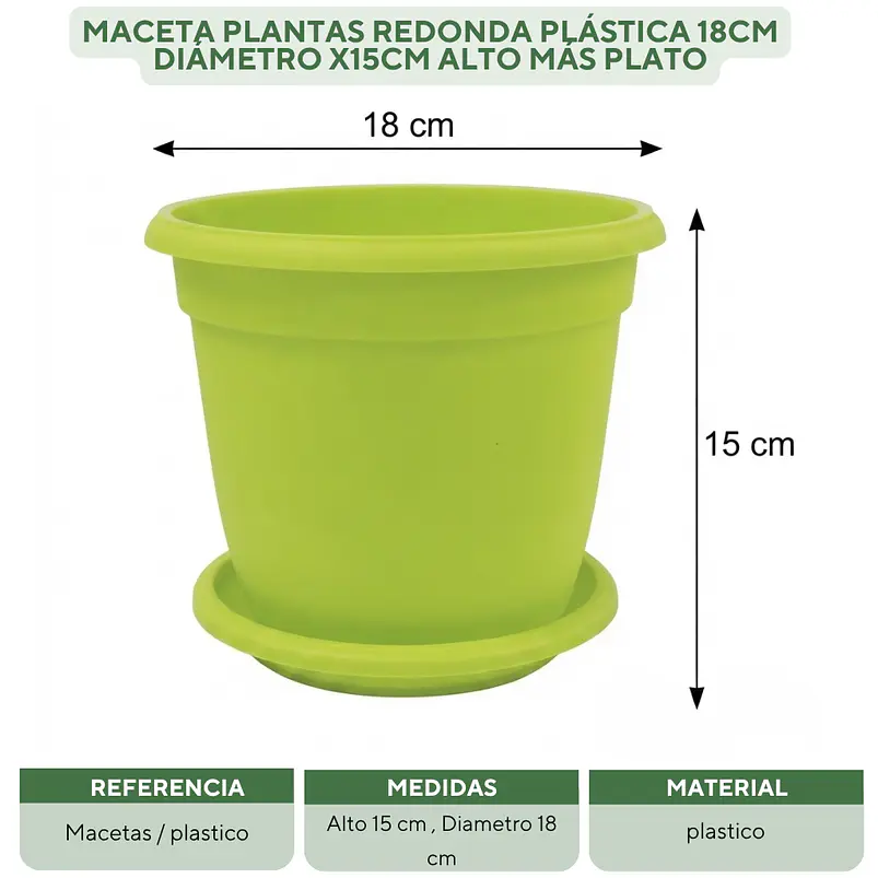 Maceta Plantas Redonda Plástica 18cm Diámetro x15cm Alto Más Plato 11