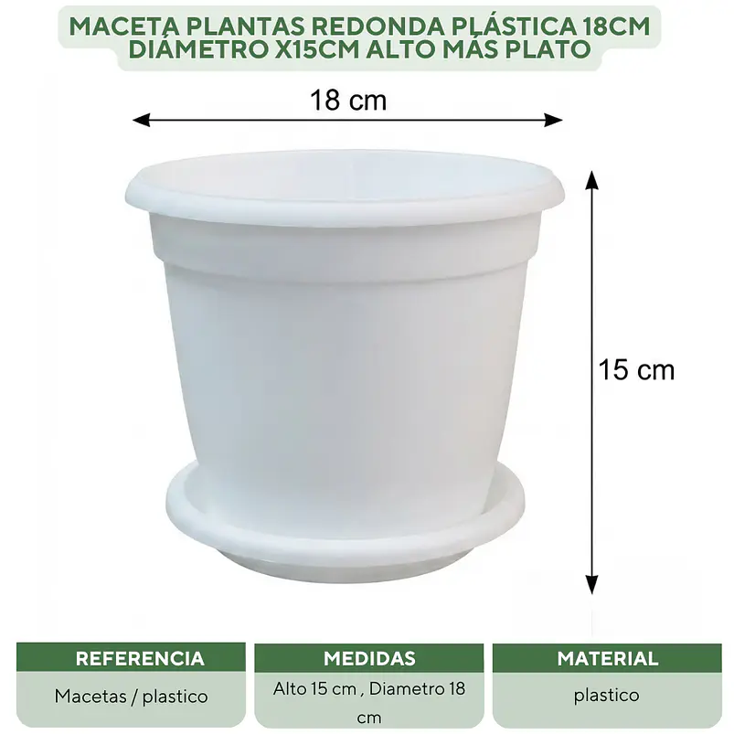 Maceta Plantas Redonda Plástica 18cm Diámetro x15cm Alto Más Plato 12