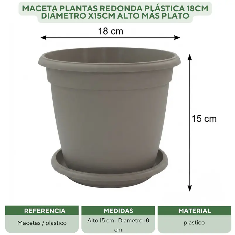 Maceta Plantas Redonda Plástica 18cm Diámetro x15cm Alto Más Plato 13