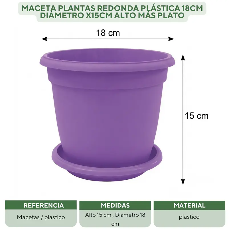 Maceta Plantas Redonda Plástica 18cm Diámetro x15cm Alto Más Plato 14