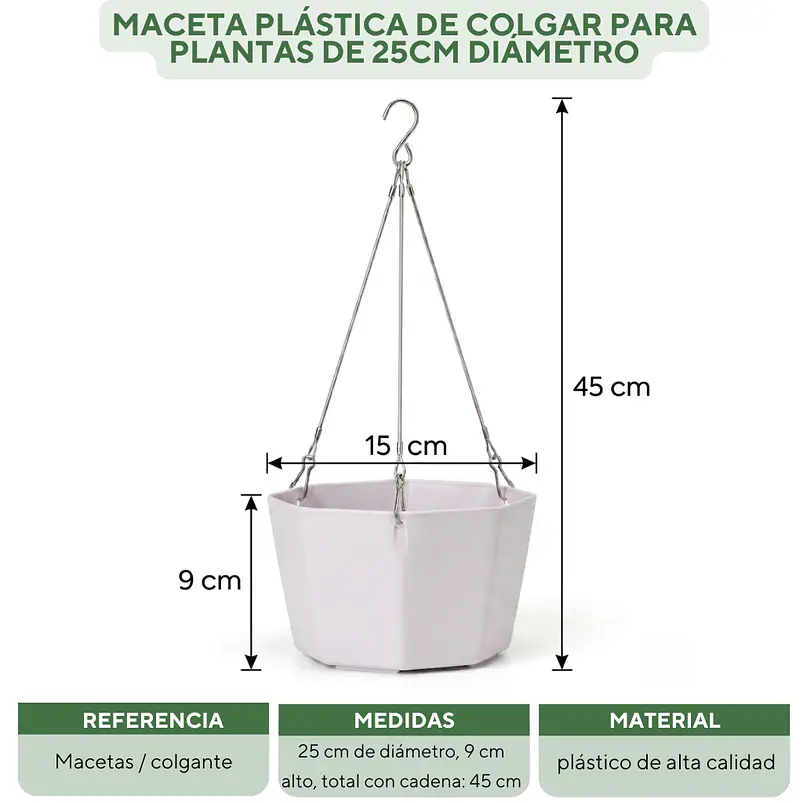 Maceta Plástica De Colgar Para Plantas de 25cm Diámetro 16