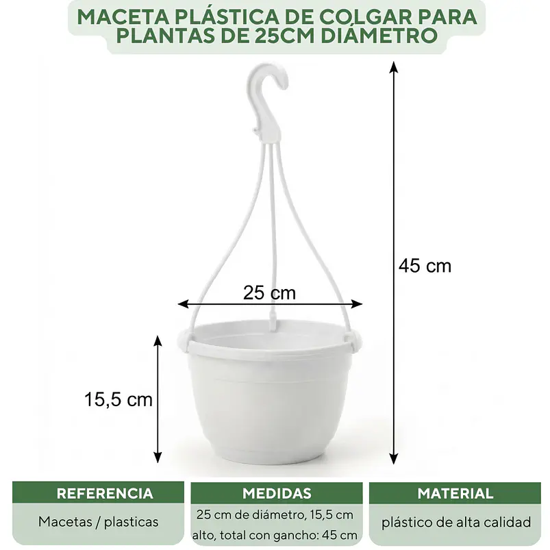 Maceta Plástica De Colgar Para Plantas De 25cm Diámetro 15