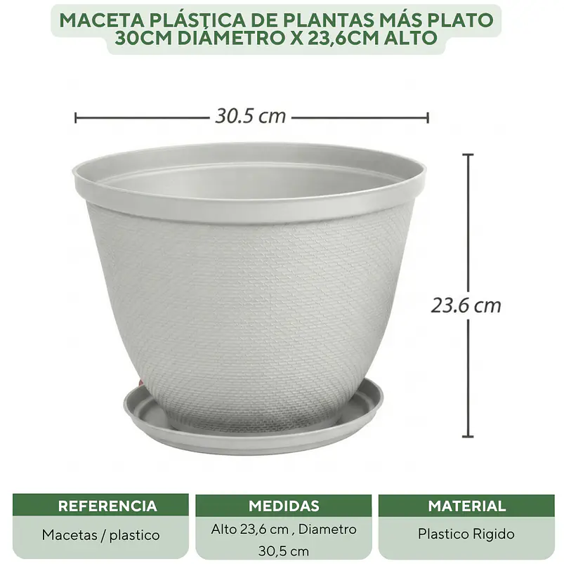 Maceta Plástica de Plantas más plato 30cm Diámetro x23,6cm Alto 8
