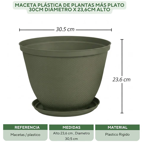 Maceta Plástica de Plantas más plato 30cm Diámetro x23,6cm Alto