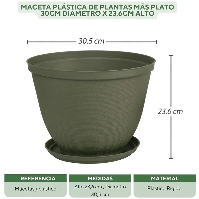 Maceta Plástica de Plantas más plato 30cm Diámetro x23,6cm Alto 2