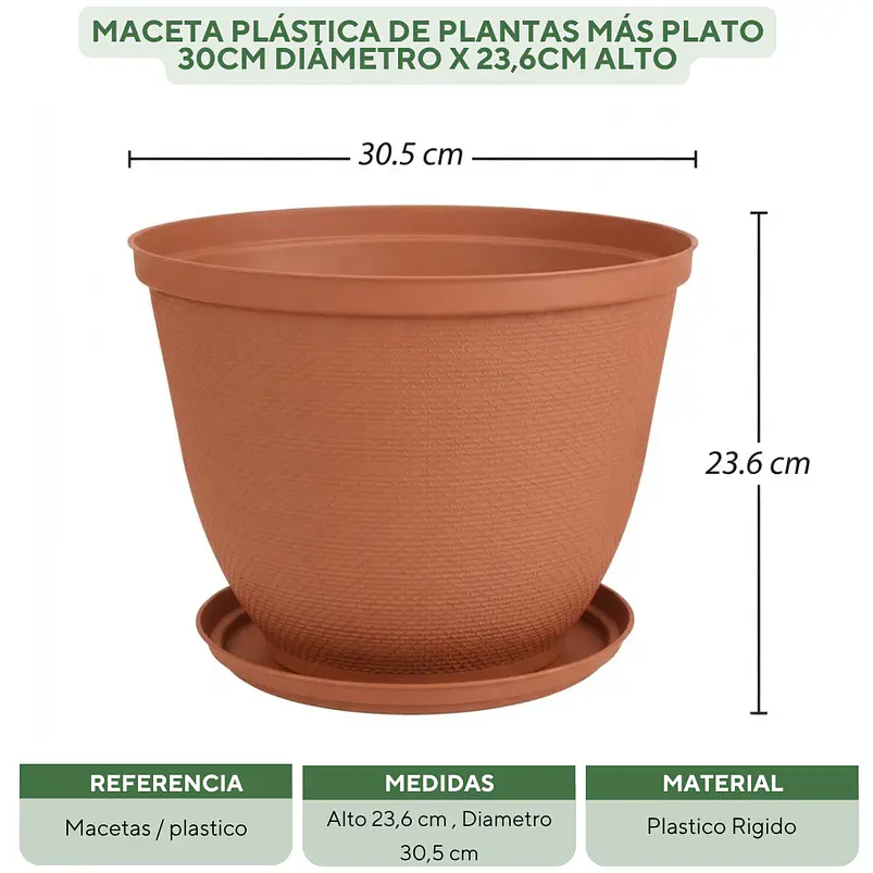 Maceta Plástica de Plantas más plato 30cm Diámetro x23,6cm Alto 5