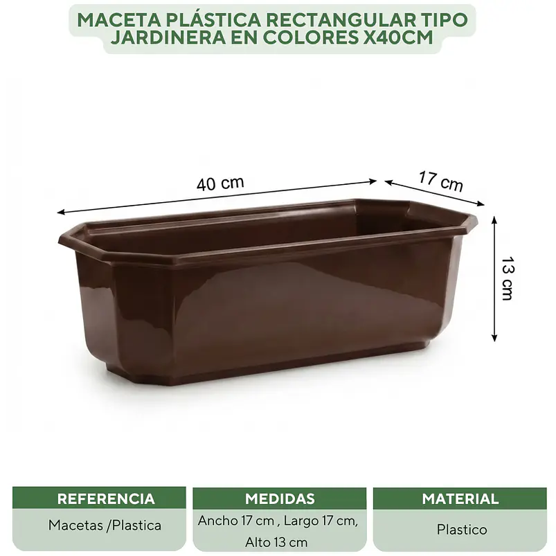 Maceta Plástica Rectangular Tipo Jardinera En Colores x40cm 21
