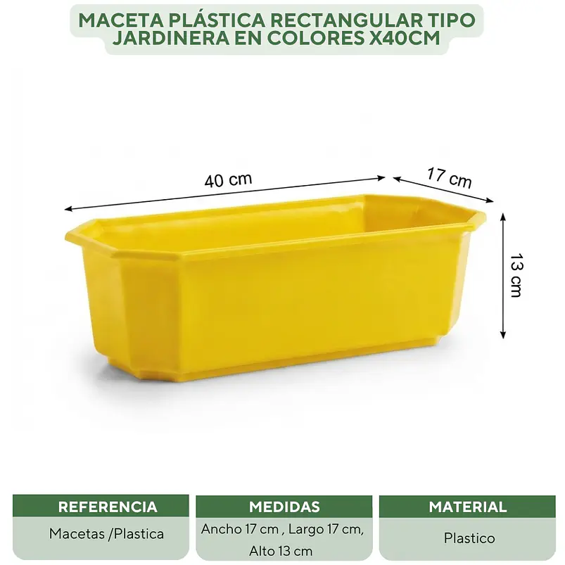 Maceta Plástica Rectangular Tipo Jardinera En Colores x40cm 23
