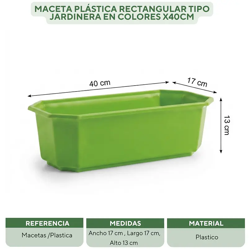 Maceta Plástica Rectangular Tipo Jardinera En Colores x40cm 24