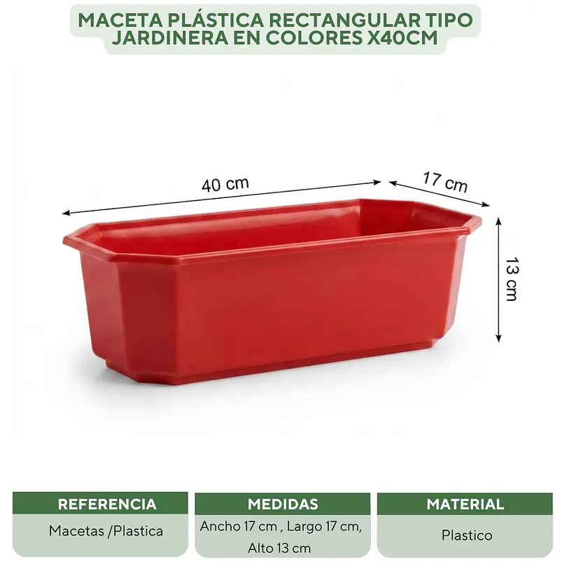 Maceta Plástica Rectangular Tipo Jardinera En Colores x40cm 25