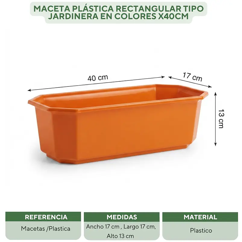 Maceta Plástica Rectangular Tipo Jardinera En Colores x40cm 27
