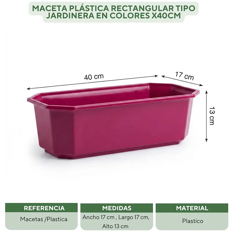 Maceta Plástica Rectangular Tipo Jardinera En Colores x40cm 28