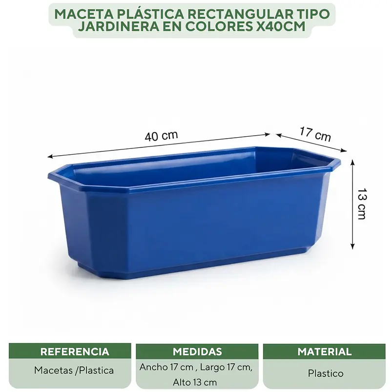 Maceta Plástica Rectangular Tipo Jardinera En Colores x40cm 29