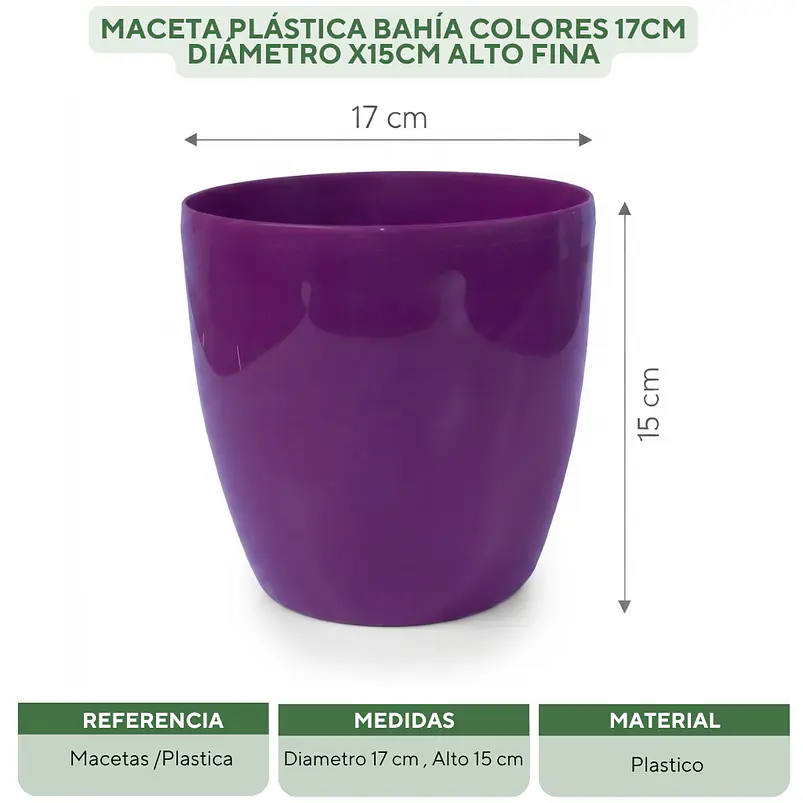 Maceta Plástica Bahía Colores 17cm Diámetro x15cm Alto Fina 12