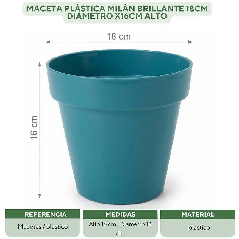 Maceta Plástica Milán Brillante 18cm Diámetro x16cm Alto 13