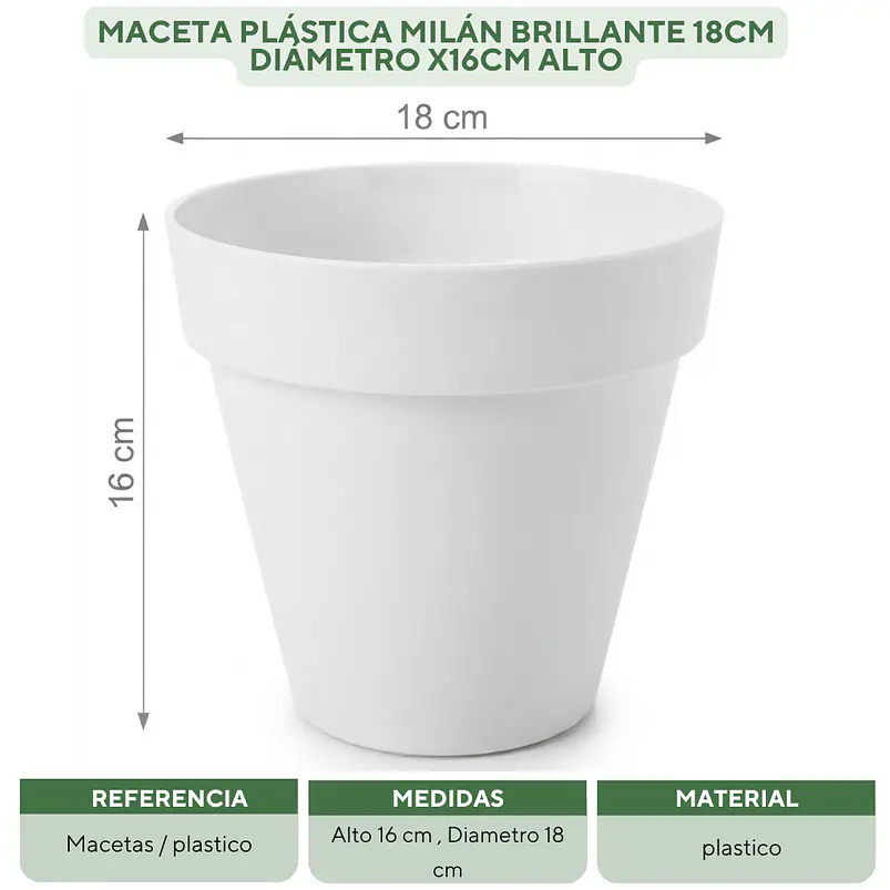 Maceta Plástica Milán Brillante 18cm Diámetro x16cm Alto 14