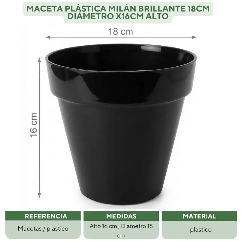 Maceta Plástica Milán Brillante 18cm Diámetro x16cm Alto 15