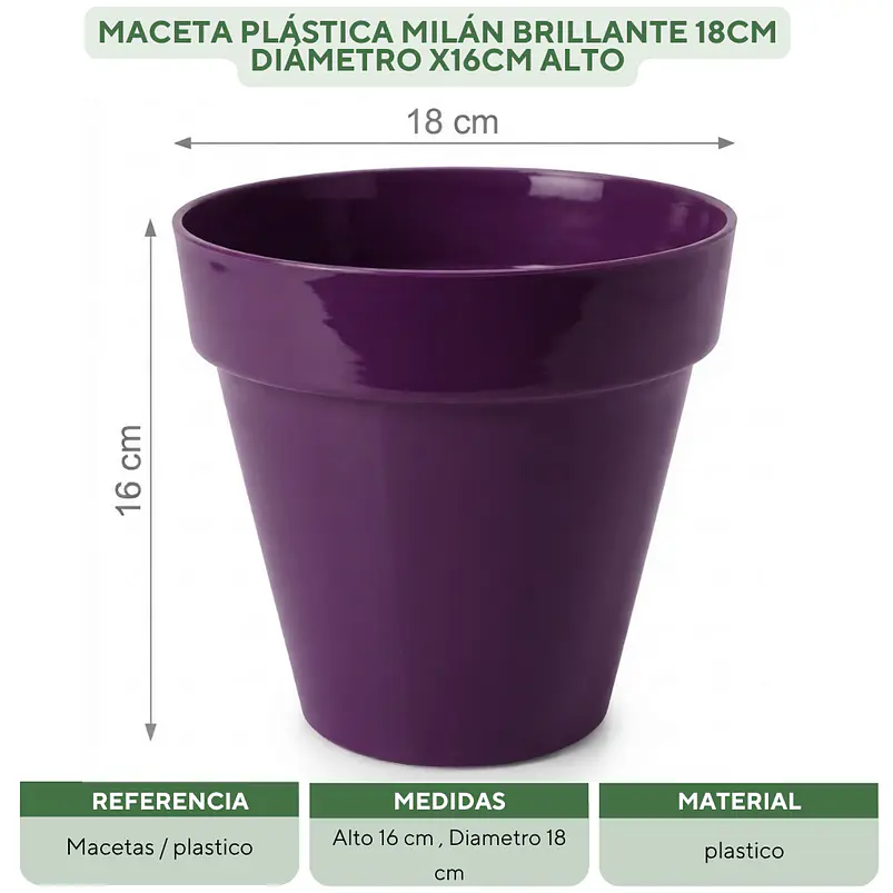 Maceta Plástica Milán Brillante 18cm Diámetro x16cm Alto 16