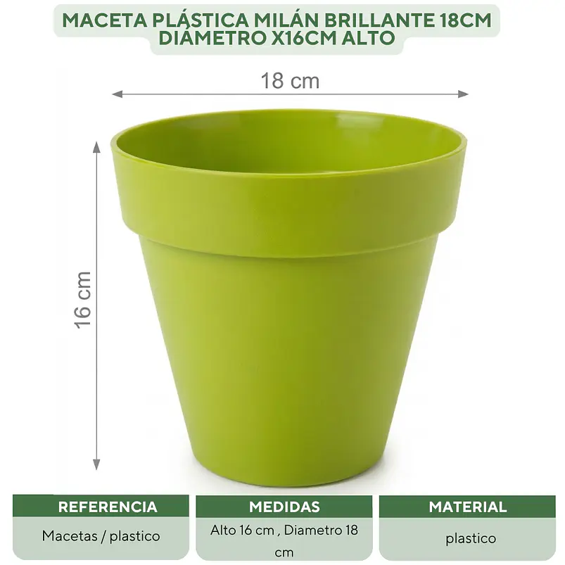 Maceta Plástica Milán Brillante 18cm Diámetro x16cm Alto 19