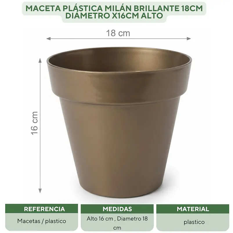 Maceta Plástica Milán Brillante 18cm Diámetro x16cm Alto 20