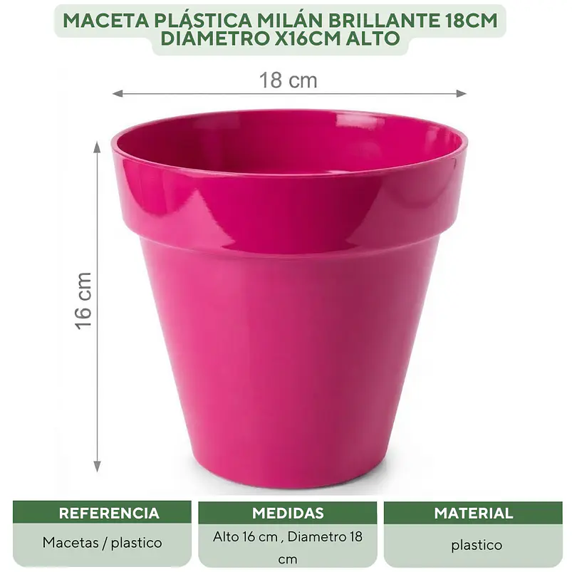 Maceta Plástica Milán Brillante 18cm Diámetro x16cm Alto 23