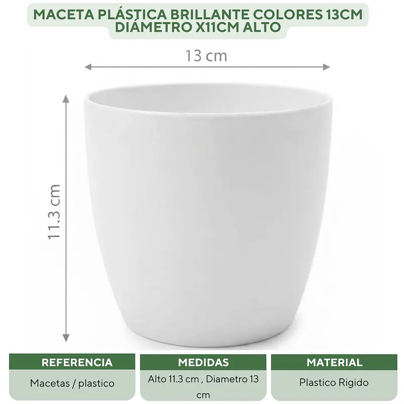 Maceta Plástica Brillante Colores 13cm Diámetro x11cm Alto 9