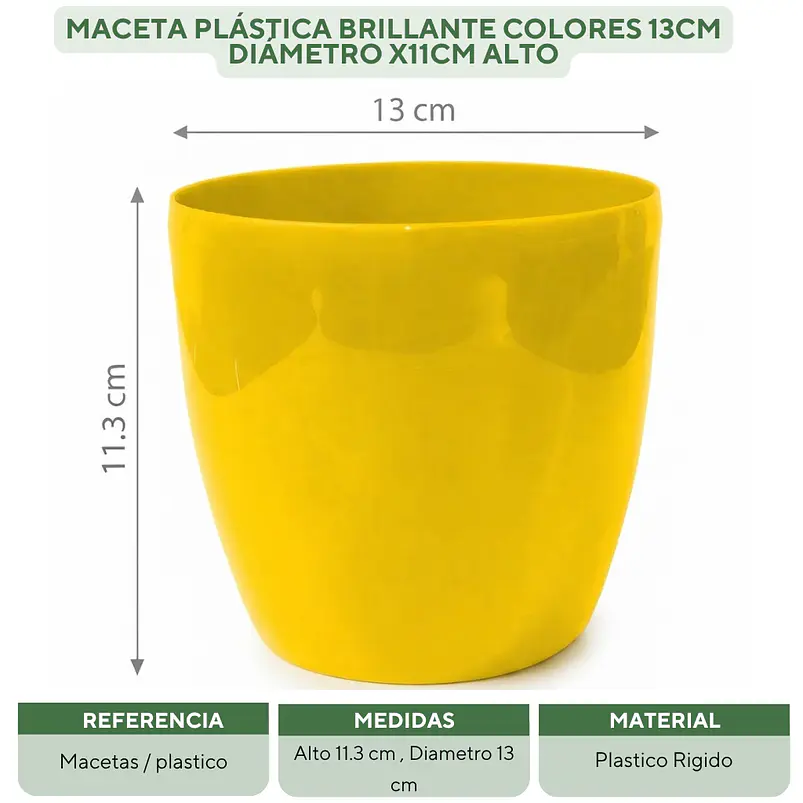 Maceta Plástica Brillante Colores 13cm Diámetro x11cm Alto 10