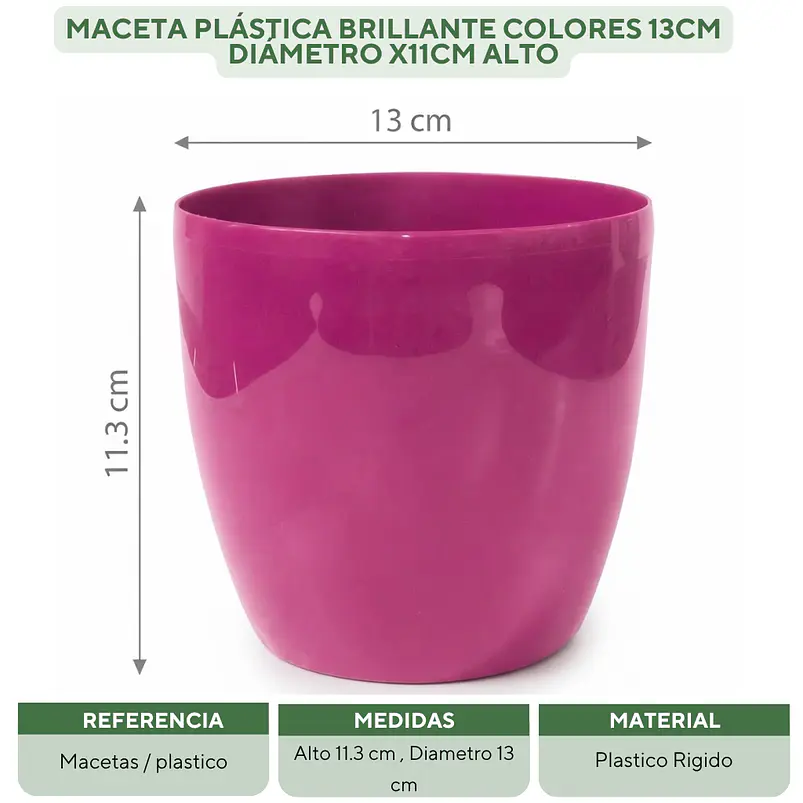 Maceta Plástica Brillante Colores 13cm Diámetro x11cm Alto 11