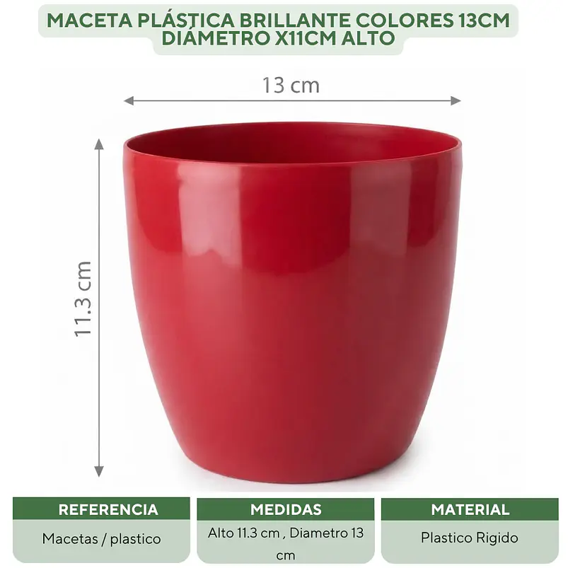 Maceta Plástica Brillante Colores 13cm Diámetro x11cm Alto 13