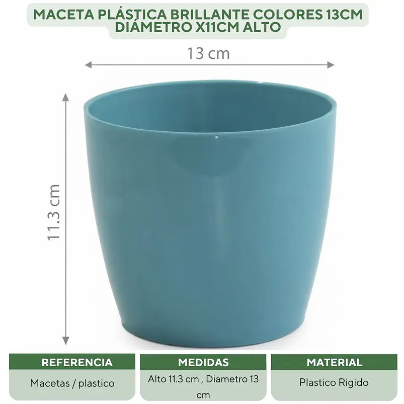 Maceta Plástica Brillante Colores 13cm Diámetro x11cm Alto 15