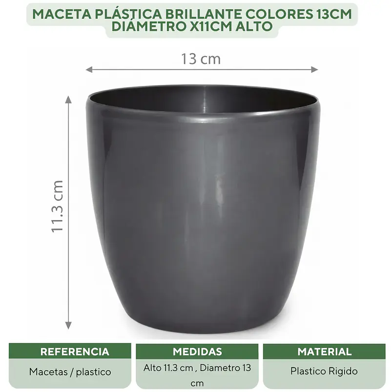 Maceta Plástica Brillante Colores 13cm Diámetro x11cm Alto 16