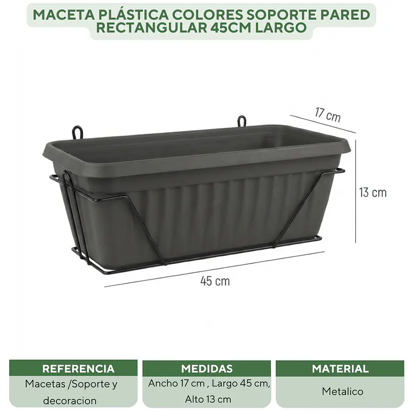 Maceta Plástica Colores Soporte Pared Rectangular 45cm Largo 5