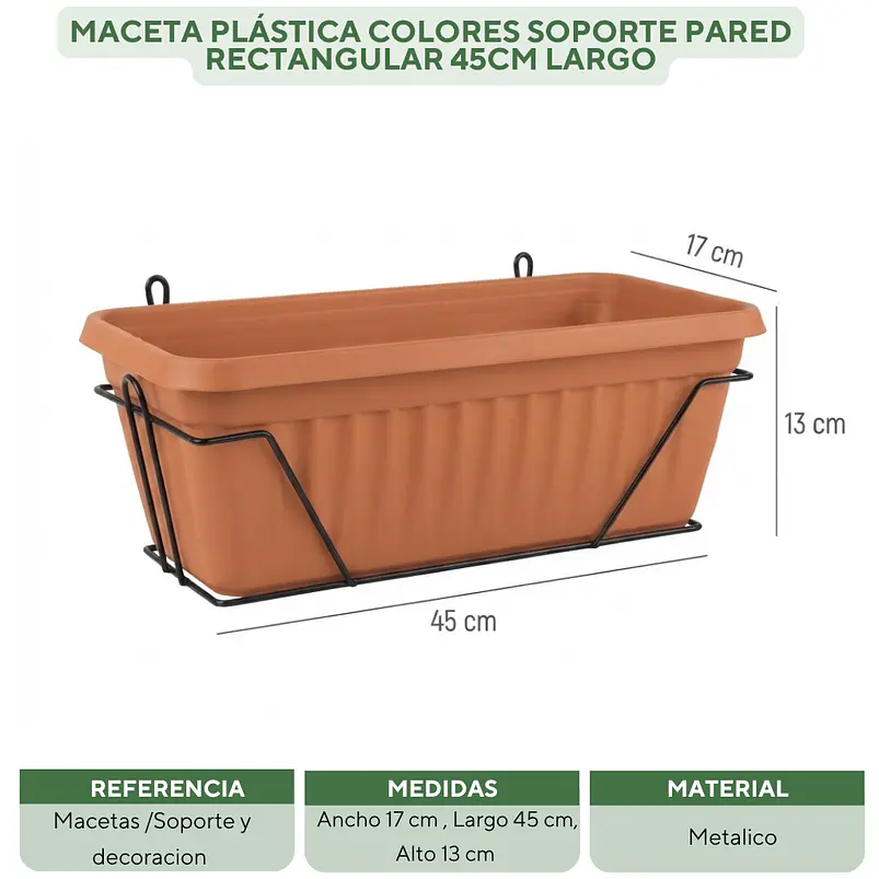 Maceta Plástica Colores Soporte Pared Rectangular 45cm Largo 6