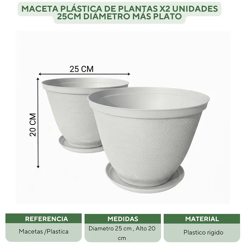 Maceta Plástica De Plantas x2 Unidades 25cm Diámetro más Plato 7