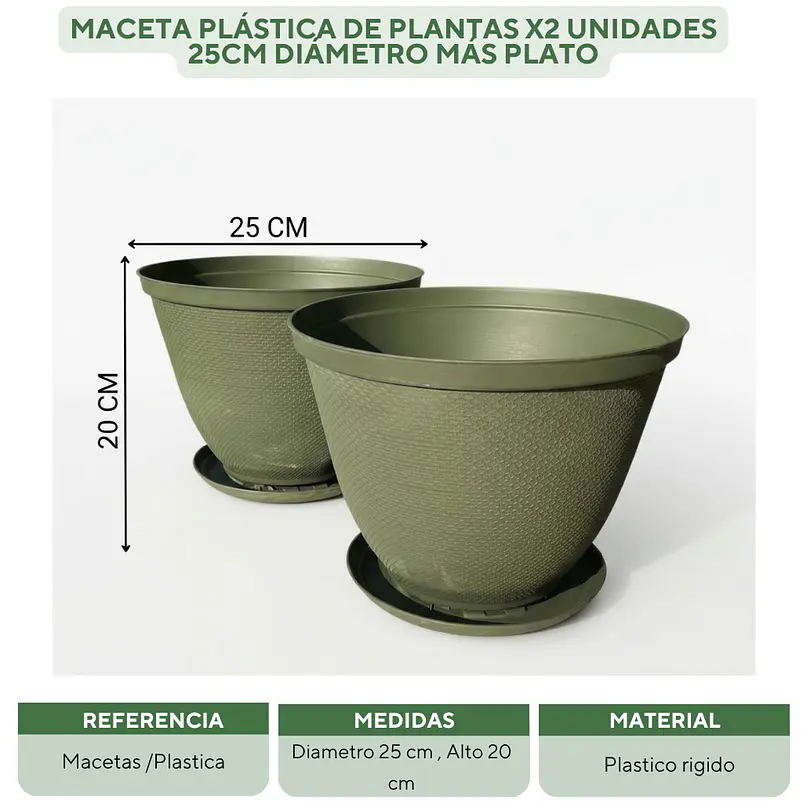 Maceta Plástica De Plantas x2 Unidades 25cm Diámetro más Plato 8