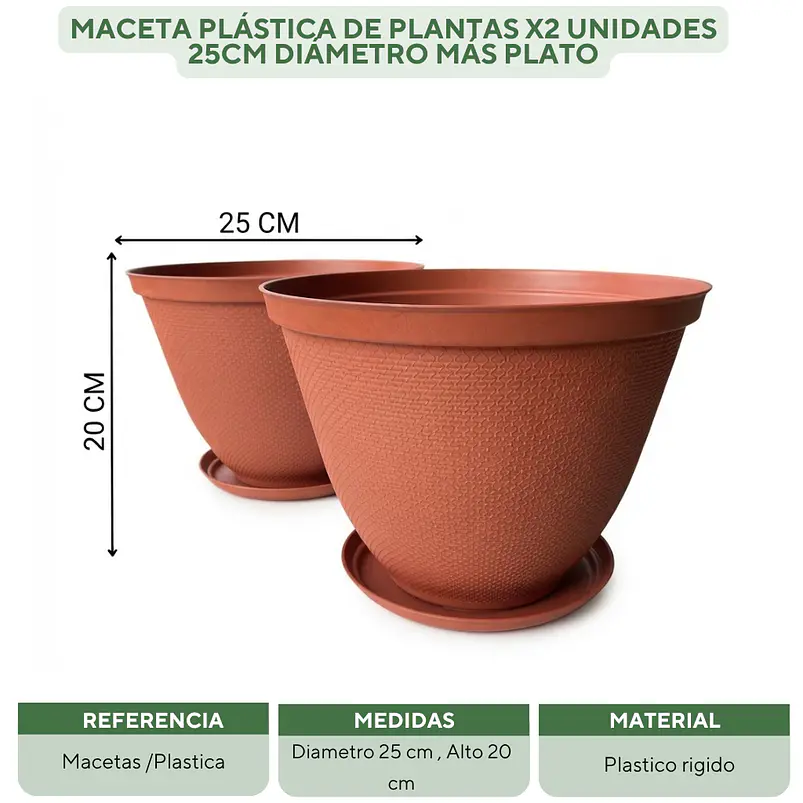 Maceta Plástica De Plantas x2 Unidades 25cm Diámetro más Plato 9