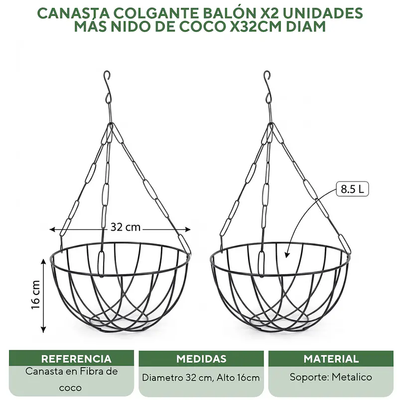 Canasta Colgante Balón x2 Unidades más nido De Coco x32cm Diam 3
