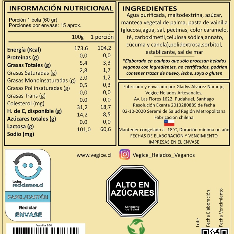 Helado Vegano Artesanal de Vainilla 800cc - Vegice  3