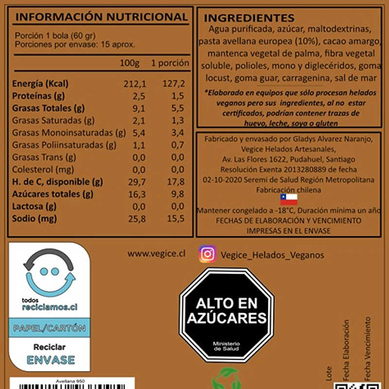Helado Vegano Artesanal Avellana Chocolate 800cc - Vegice 3