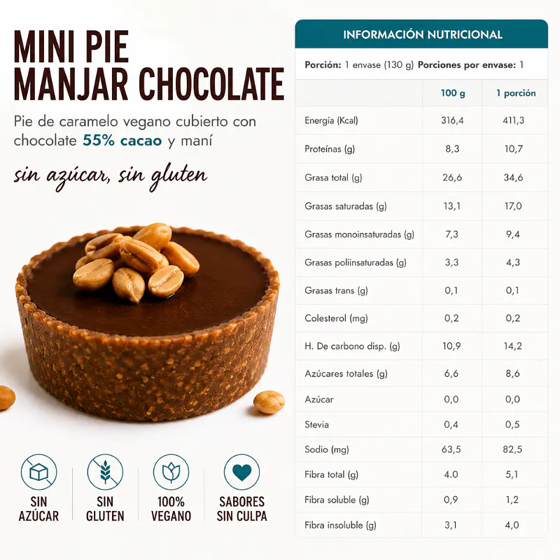 Pie Manajar Manjar Chocolate 45% Cacao Vegano 130g - Sabores Sin Culpa 3