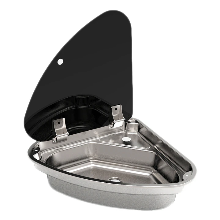 Lavaplatos esquinero de acero inoxidable con cubierta para casa rodante camper y motorhome 1