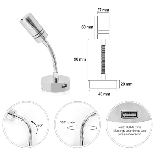 Lámpara LED 12/24V encendido touch y puerto USB